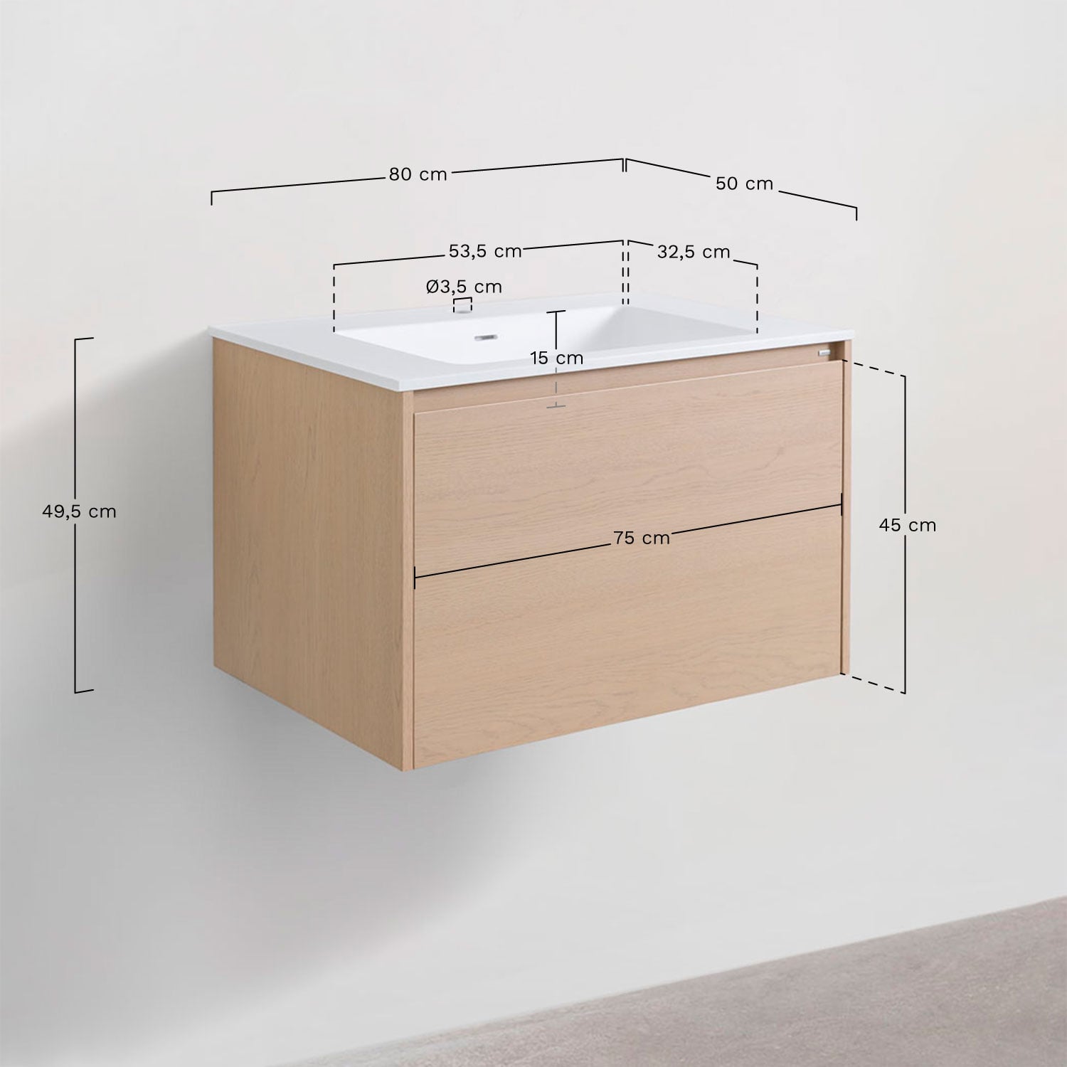 Ensemble meuble de salle de bain suspendu 80x50 cm en bois avec lavabo intégré Jacob, mesures