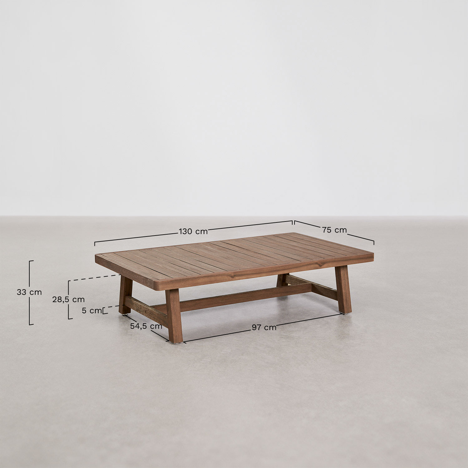 Table basse rectangulaire 130x75 cm en bois d'acacia Dubai, mesures