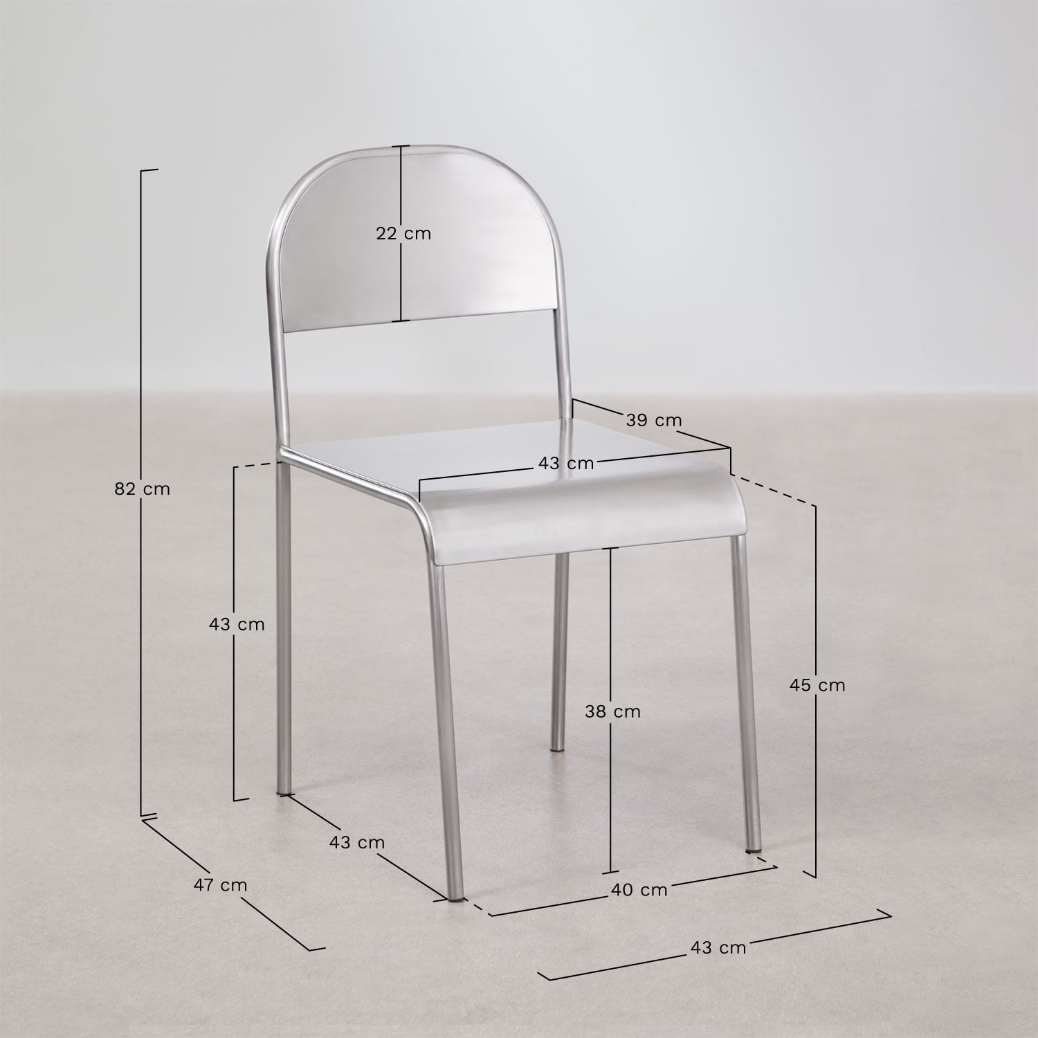 Pack de 2 chaises de salle à manger en acier inoxydable Narnial, mesures