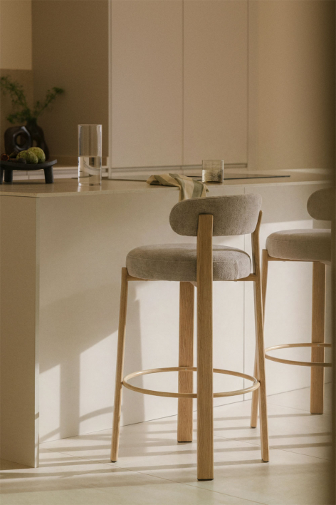 Tabouret haut avec dossier en tissu chenille et fer Jolie - Marron Bois Naturel