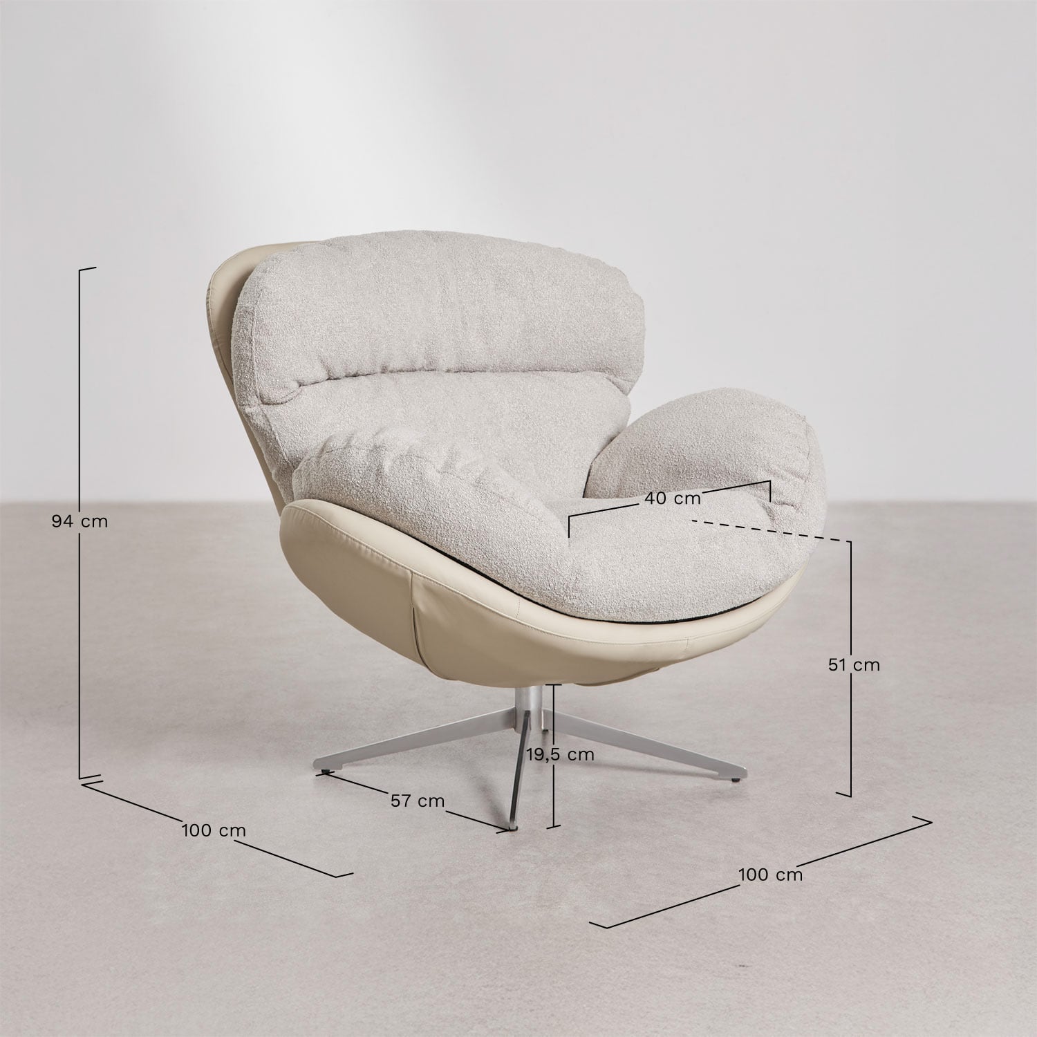 Fauteuil Amanda en tissu bouclé avec repose-pieds pivotant, mesures