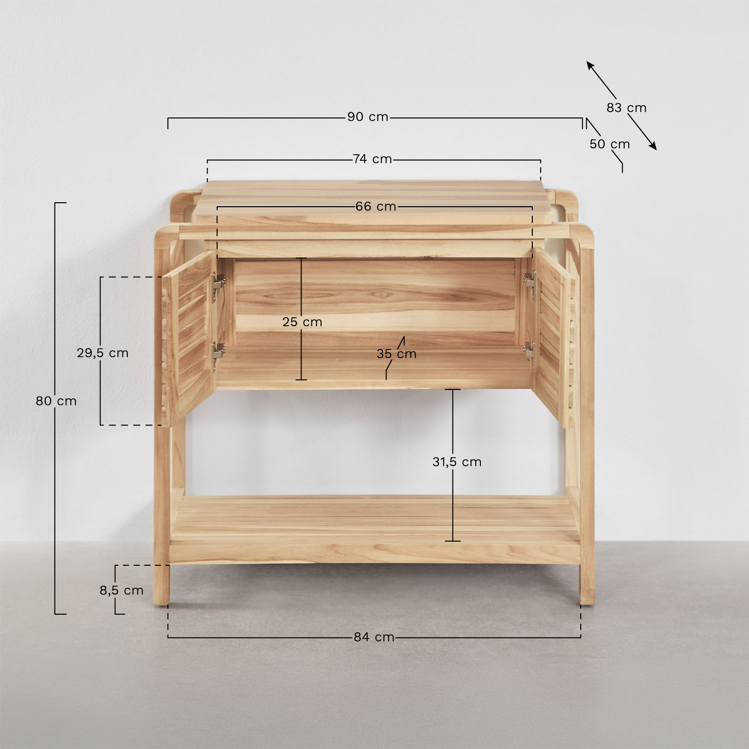 Ensemble de meuble de salle de bain en bois de teck Bradley, mesures