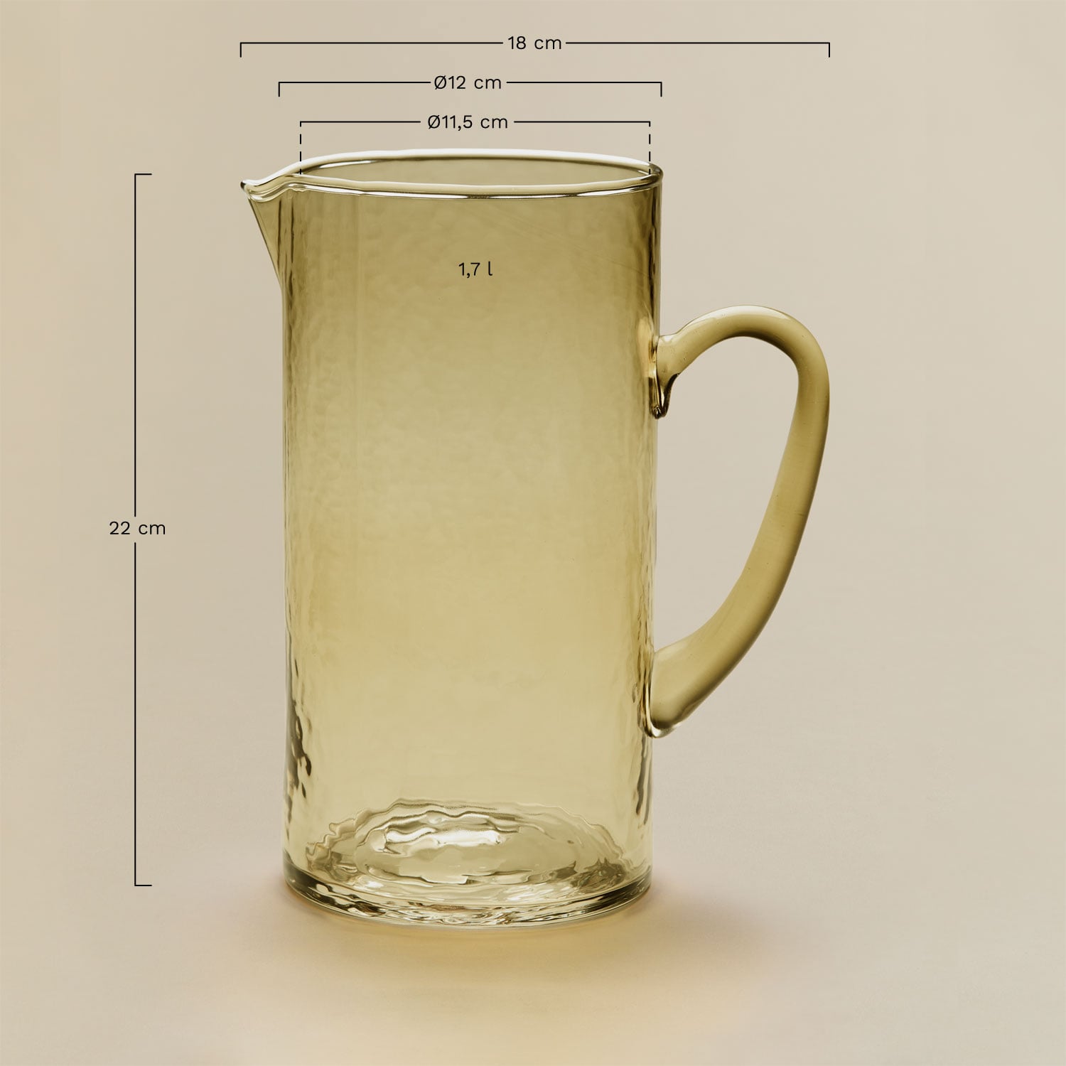 Carafe en verre Leomie 1,7 L, mesures