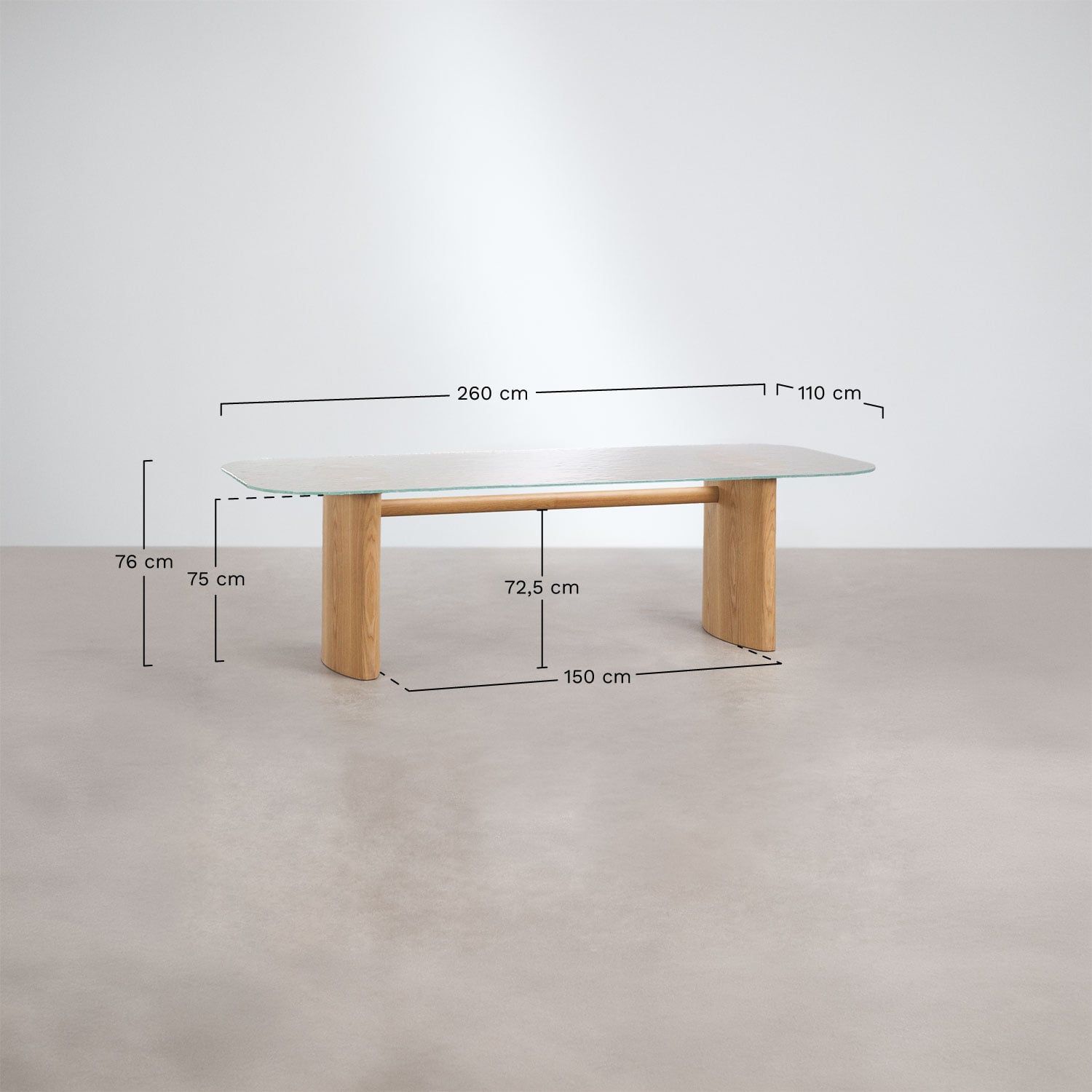 Table à manger rectangulaire 260x110 cm en verre trempé et MDF Zarvi, mesures