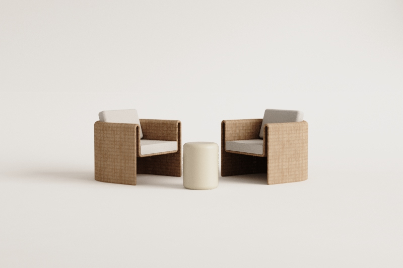 Ensemble de salon avec 2 fauteuils en acier et rotin synthétique Lina et table d'appoint ronde Ø35 cm en ciment Fonelas