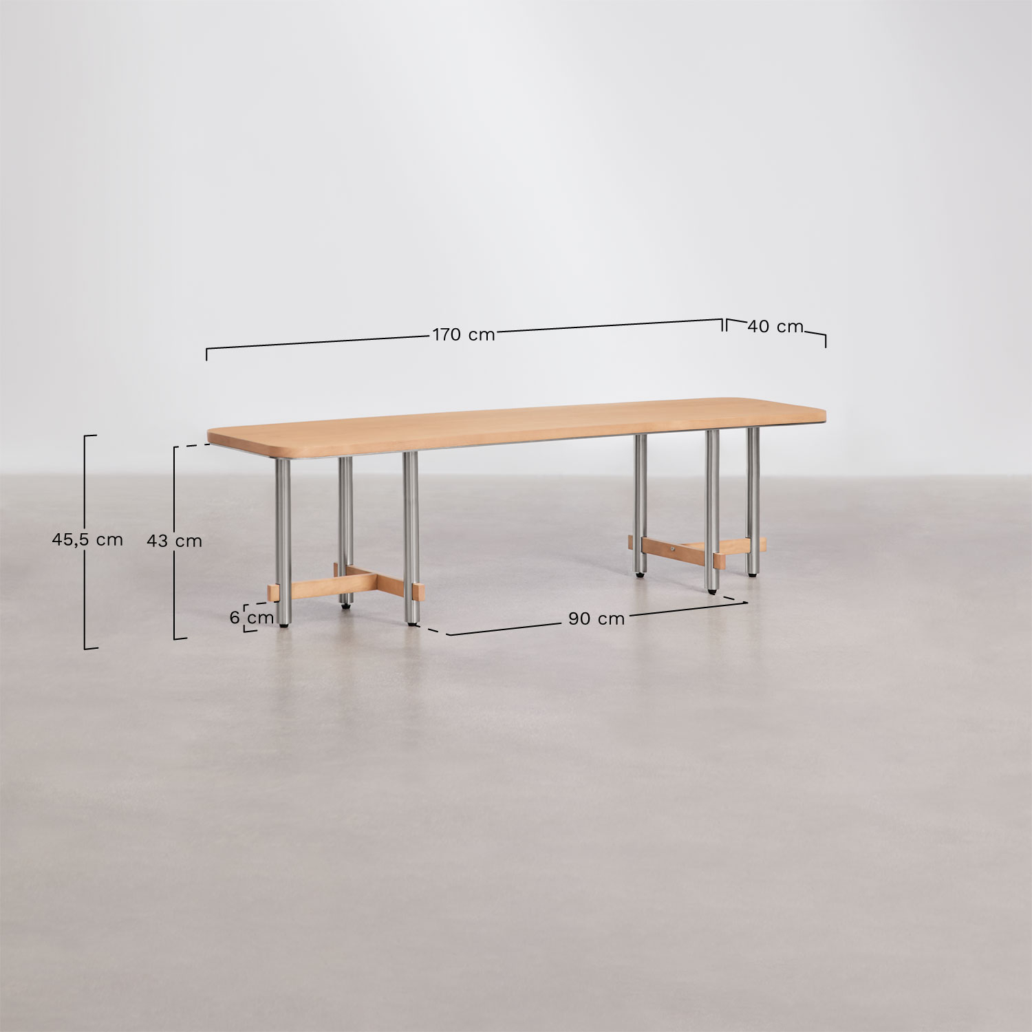 Banc 170 cm en bois de manguier et acier Osaka, mesures