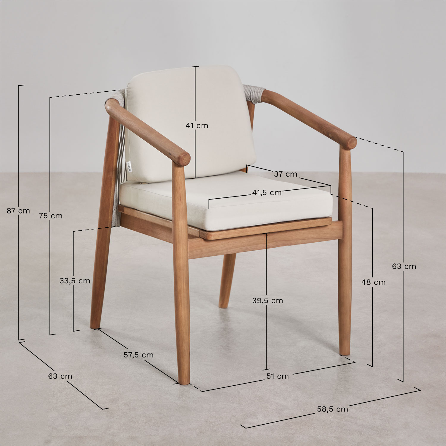 Chaise de salle à manger Aderyn avec accoudoirs en bois d'eucalyptus, mesures