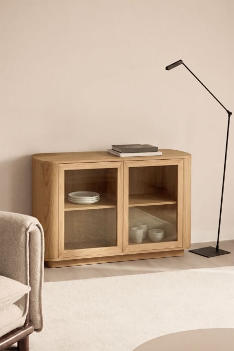 Buffet rectangulaire 130x40 cm en MDF marron chêne et verre trempé Walia