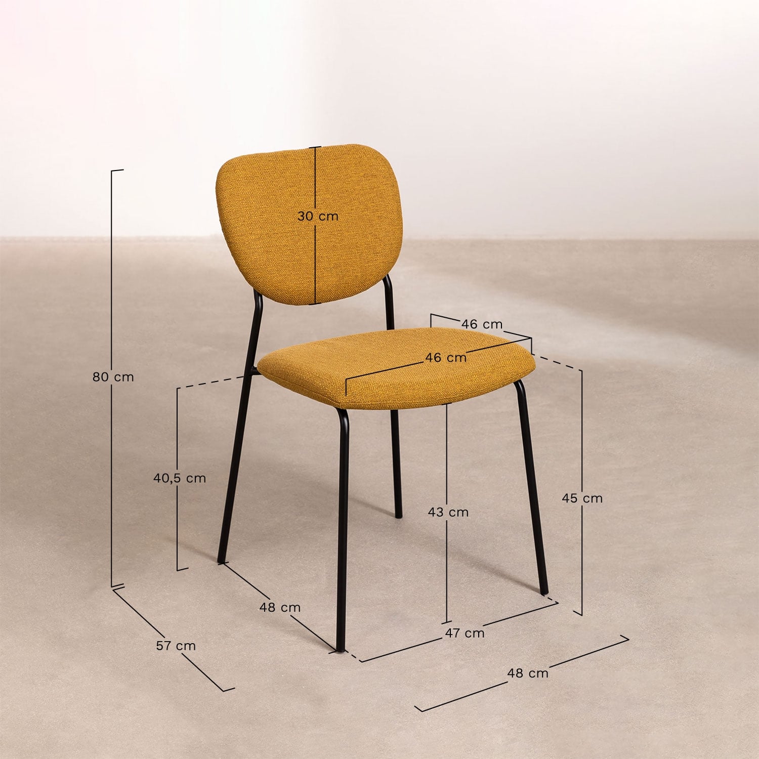 Pack de 4 chaises de salle à manger empilables, rembourrées en tissu Taris, mesures