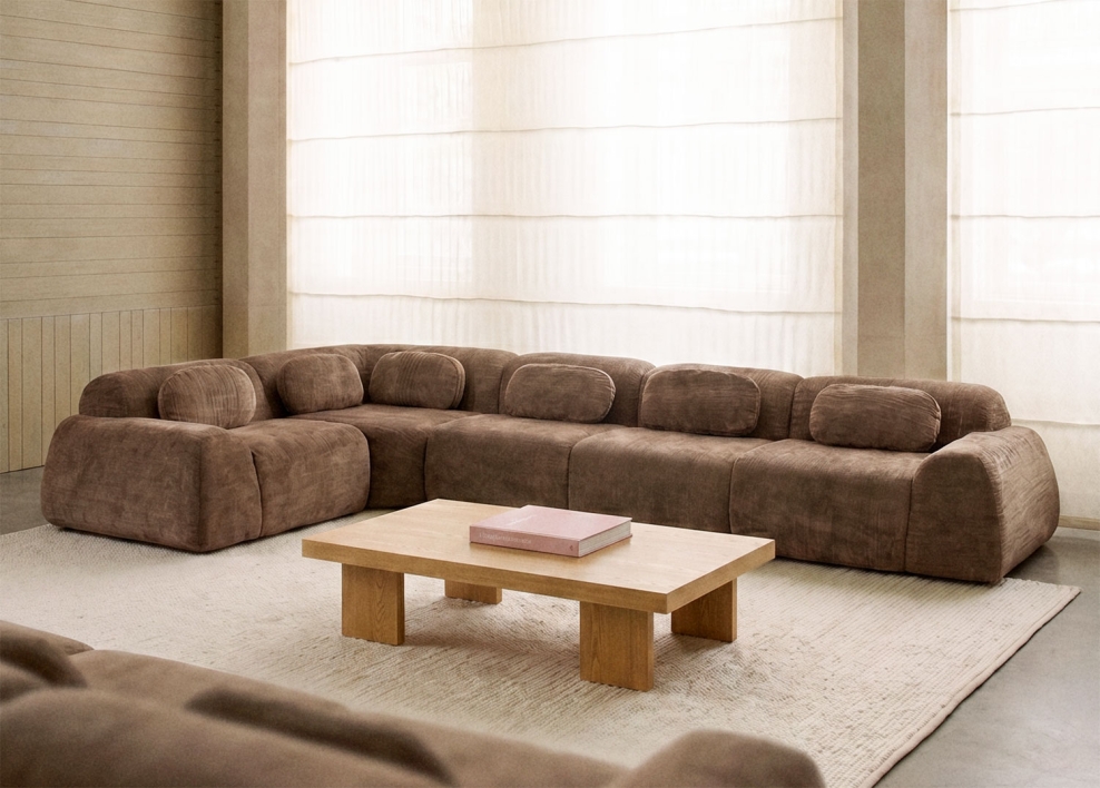 Canapé d'angle modulaire 5 pièces en chenille emballé sous vide Merida - Chenille marron caramel