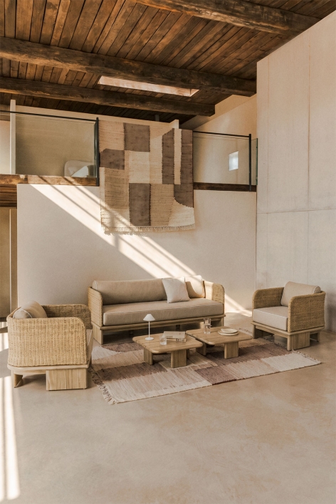 Ensemble de salon avec canapé 3 places, 2 fauteuils et 2 tables basses 70x70 cm en rotin et bois d'acacia Famara - Acacia Marron Clair