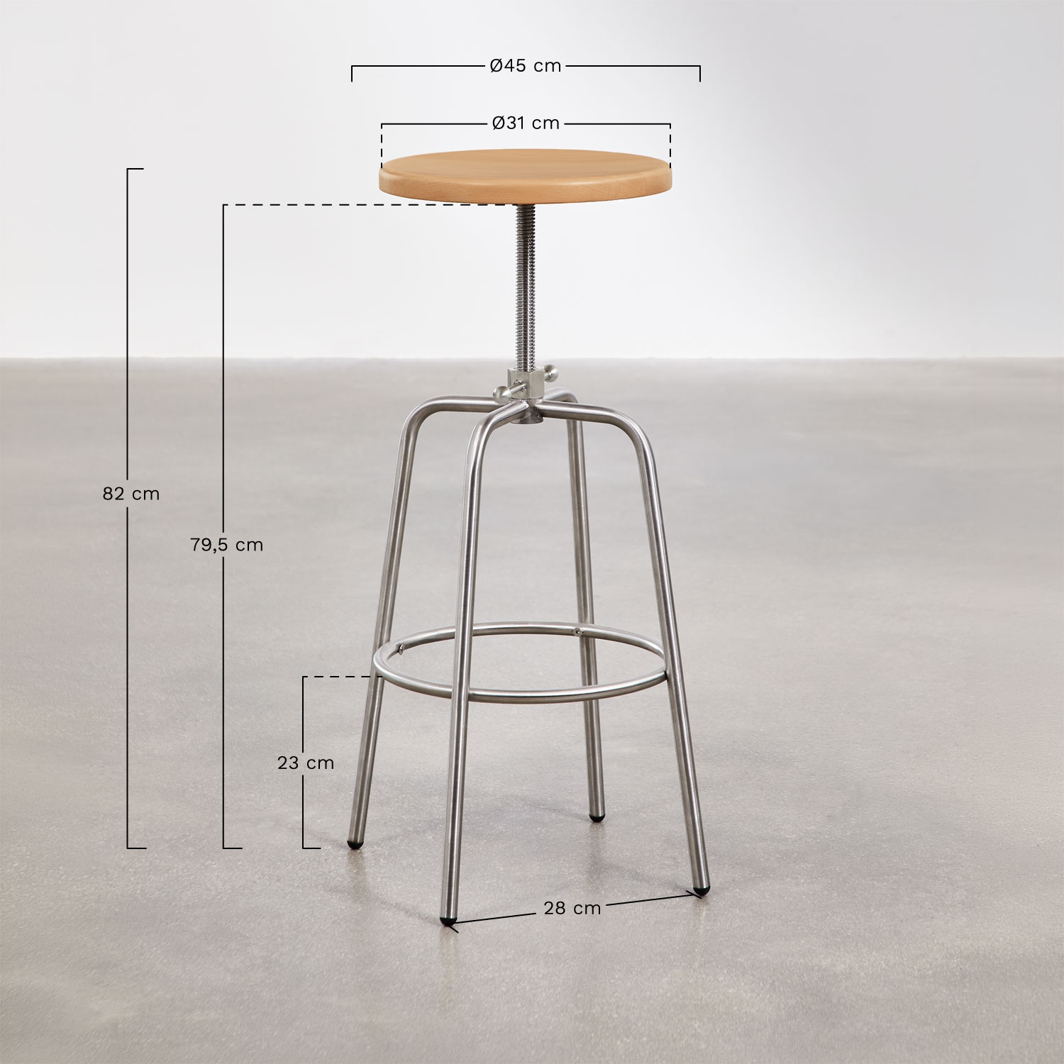 Tabouret haut réglable en acier inoxydable et bois de hêtre Bangalore, mesures