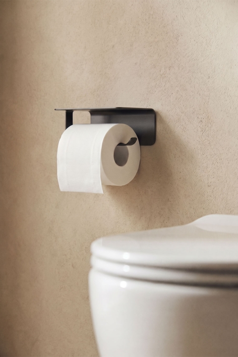 Porte-papier toilette adhésif avec tablette pour salle de bain en acier inoxydable noir mat Ondreli