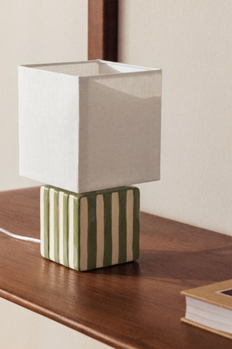 Lampe de table en céramique et lin Lylio - Beige Tapioca - Vert olive intense