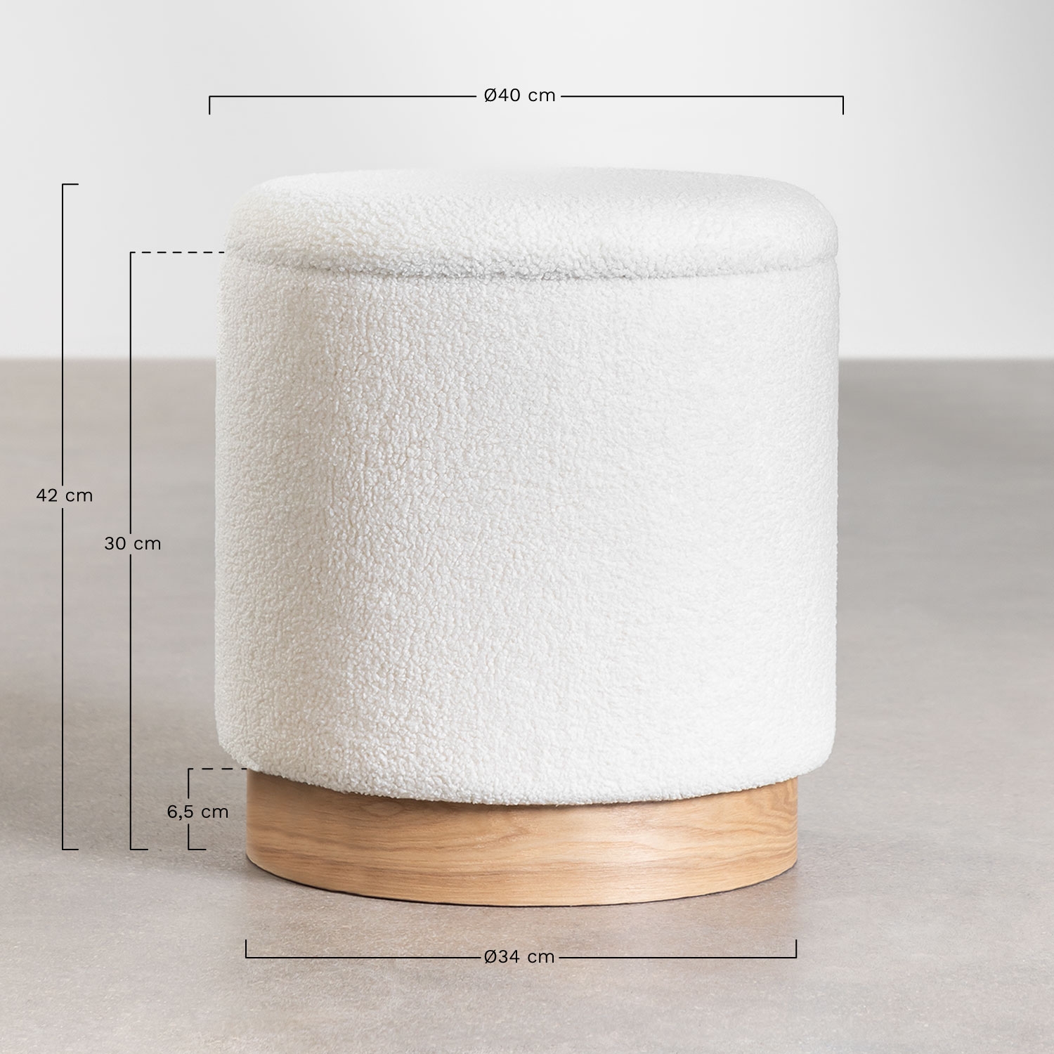 Pouf rond Ø40 cm avec rangement en sherpa Mineyster, mesures