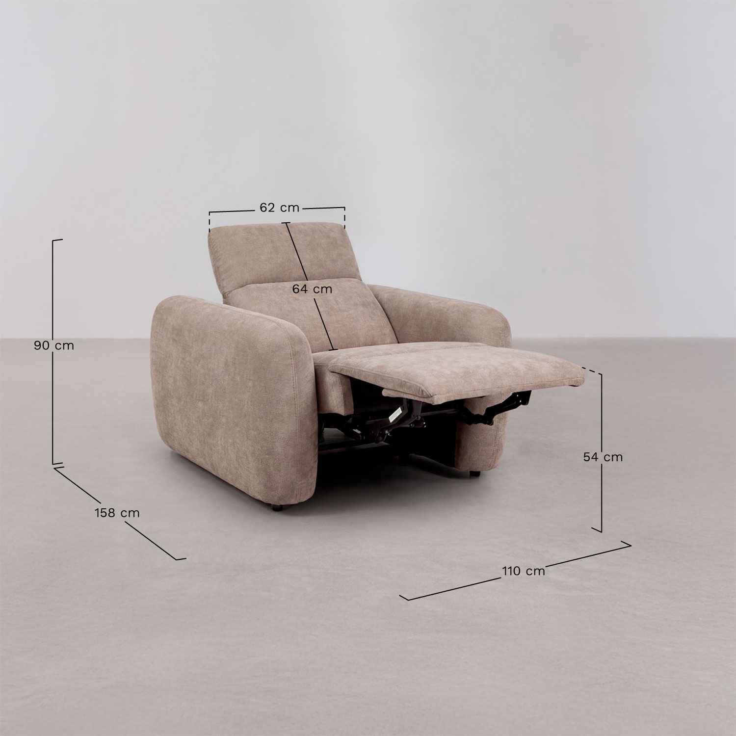 Ensemble de salon avec canapé 3 places inclinable et électrique et fauteuil tapissé Peggy, mesures