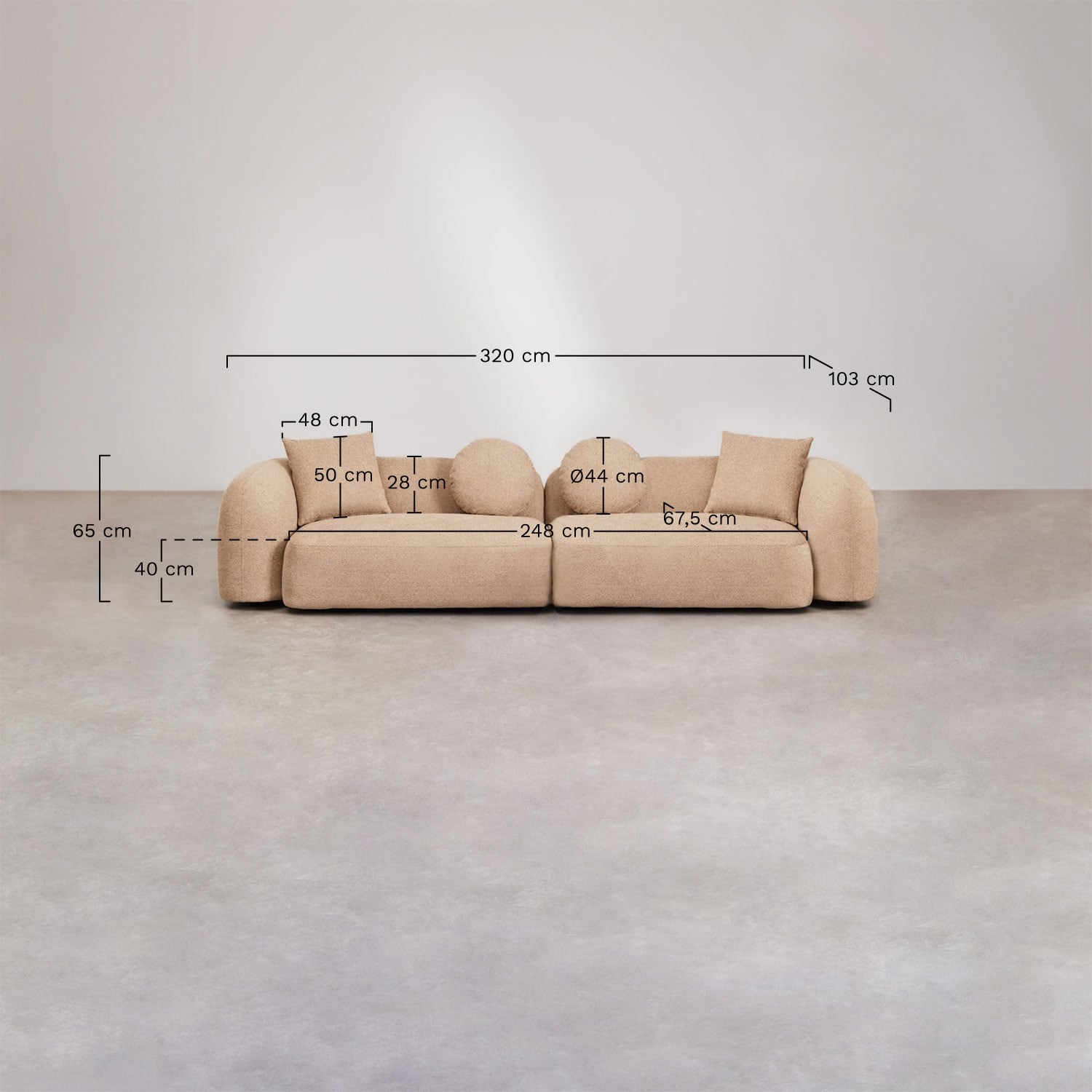 Ensemble de salon avec canapé modulaire 2 pièces et canapé 3 places en chenille Coco, mesures