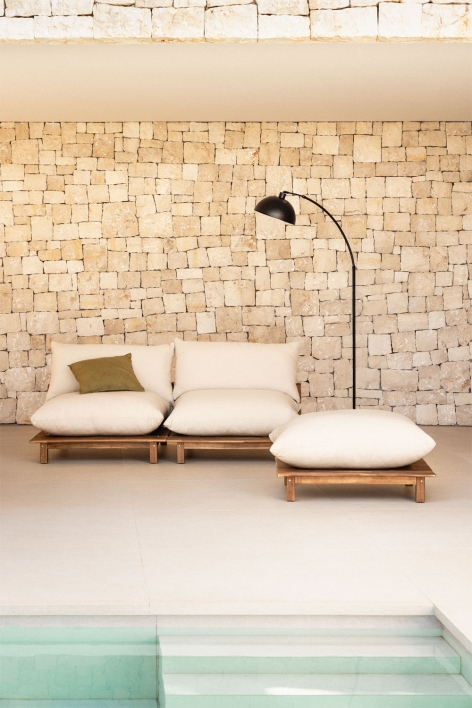 Canapé modulaire inclinable de jardin 2 pièces avec pouf en bois d'acacia Brina