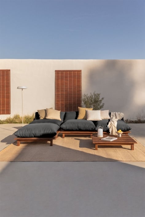 Ensemble de jardin avec canapé modulaire inclinable de jardin 3 pièces avec table basse et pouf en bois d'acacia Brina
