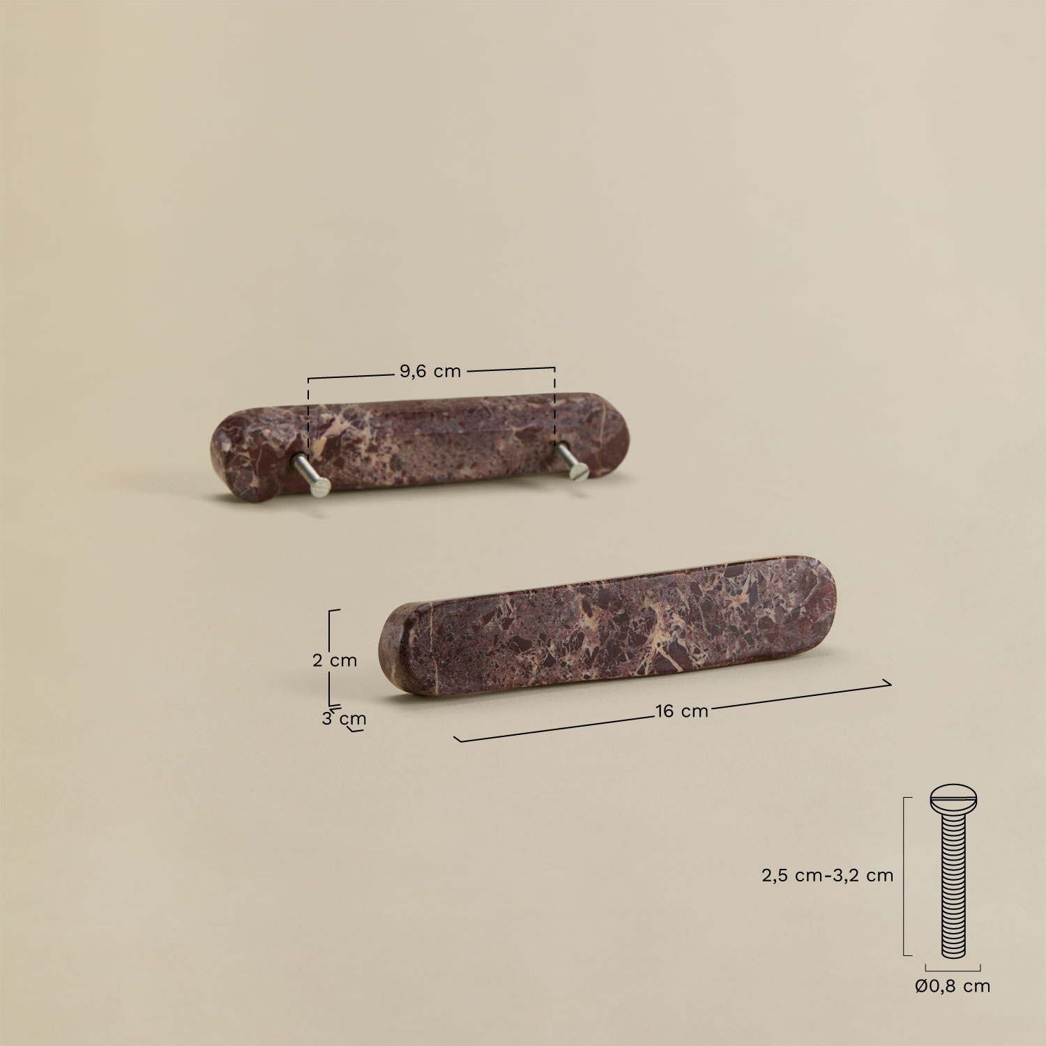 Pack de 2 poignées en pierre naturelle Casbina, mesures