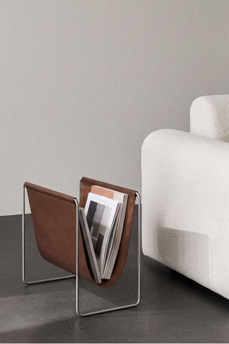 Porte-revues sur pied en cuir et acier inoxydable Dravena