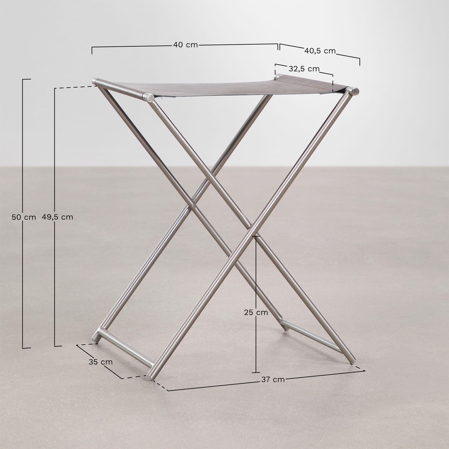 Tabouret bas pliant 50 cm en cuir et acier inoxydable Dravena, mesures