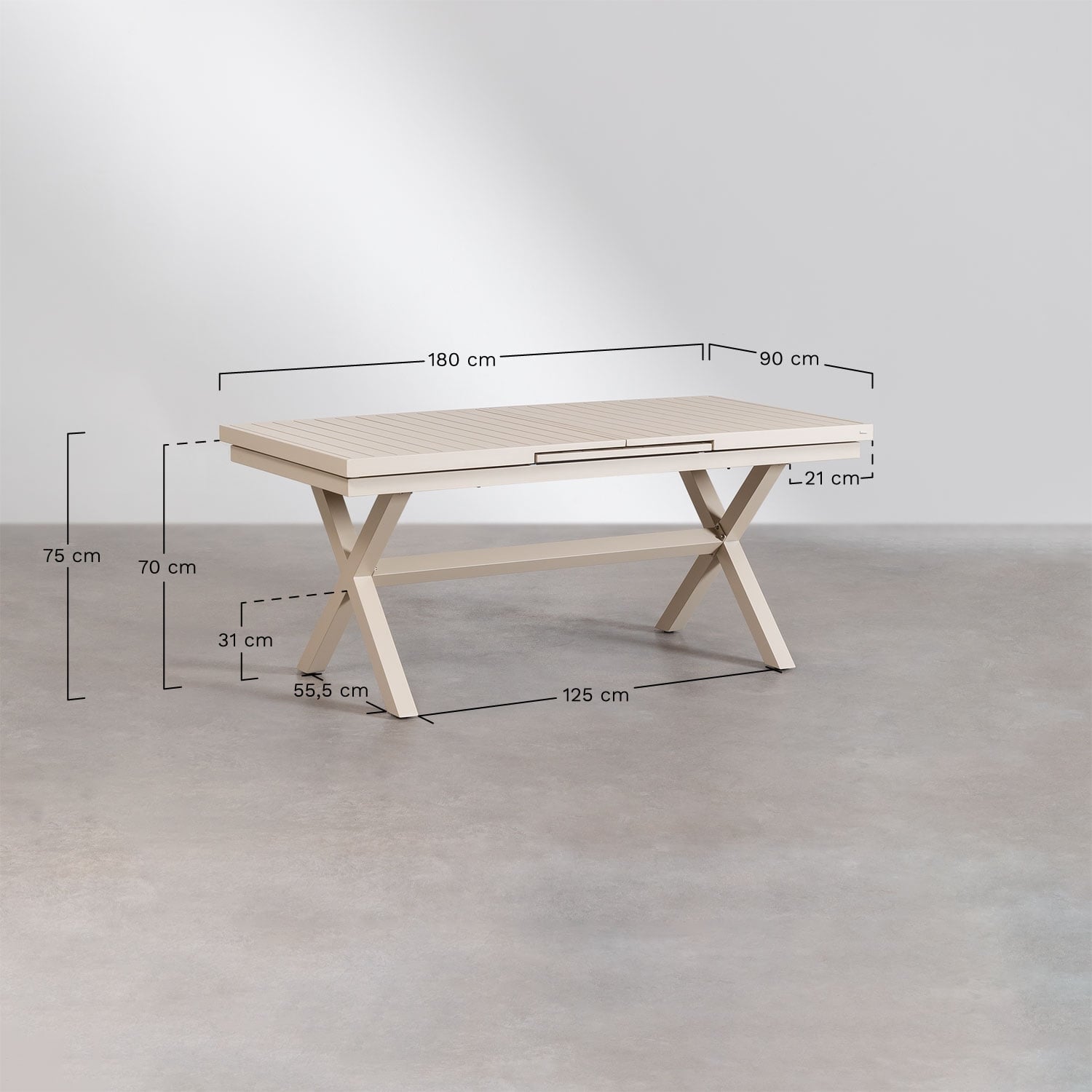Set de table de jardin rectangulaire extensible 180-240x90 cm et 6 chaises de jardin empilables avec accoudoirs en aluminium Kar, mesures