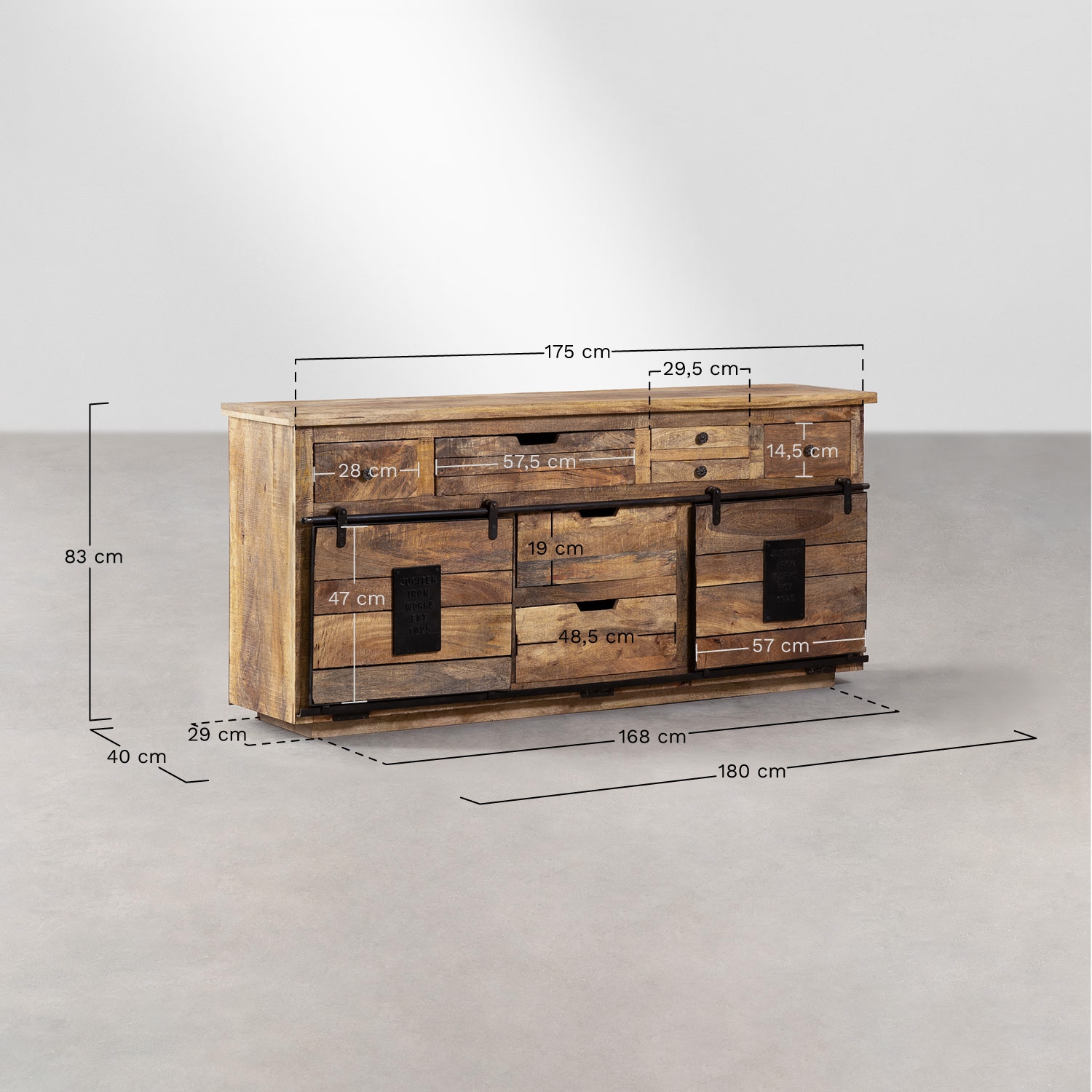Buffet 180x40 cm en bois de manguier Uain, mesures