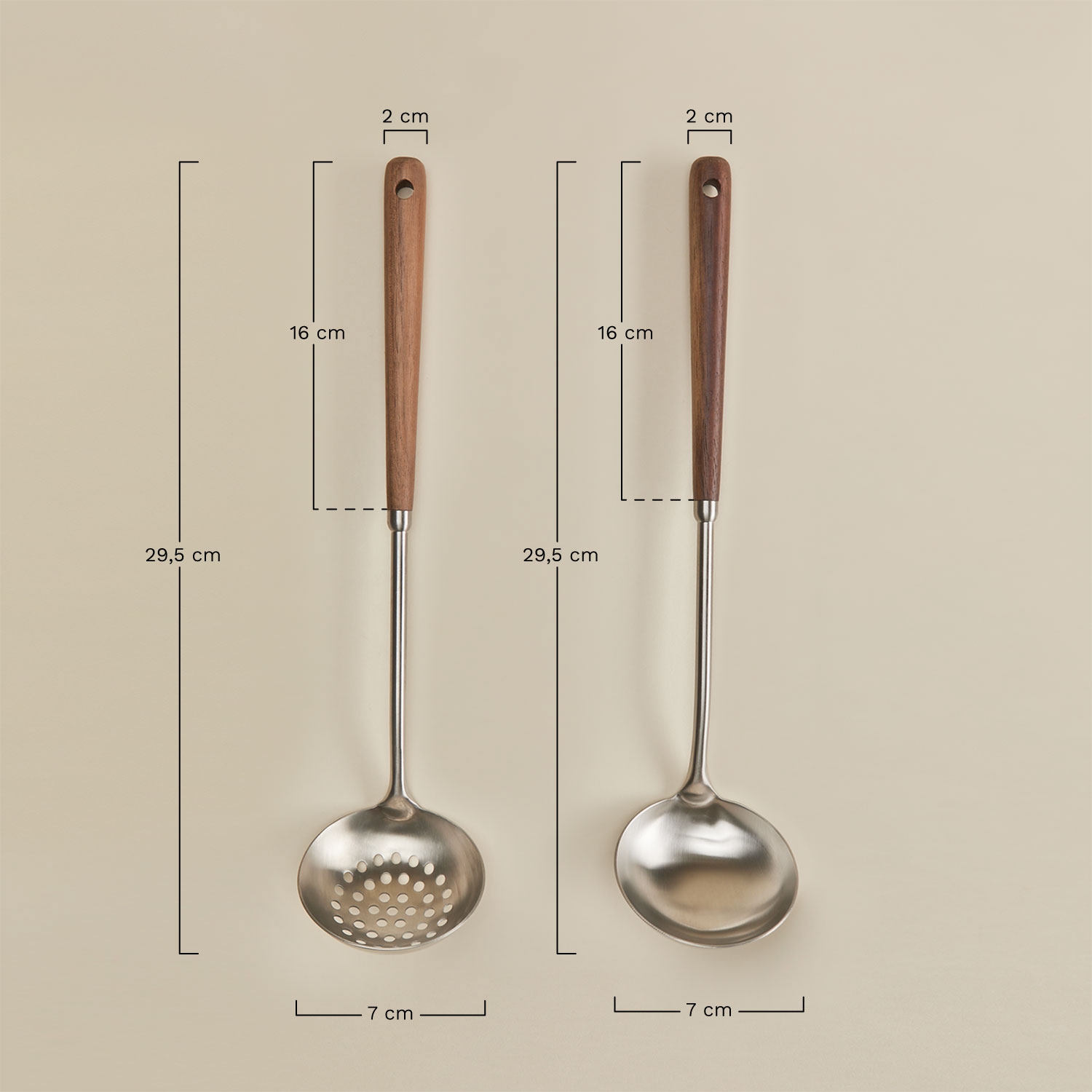 Set d'écumoire et de louche en acier inoxydable et bois d'acacia Genrubin, mesures