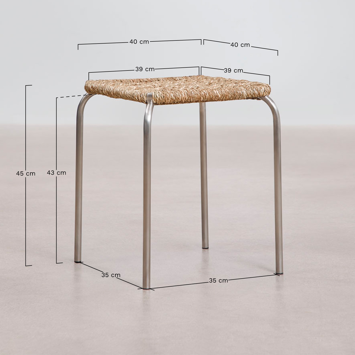 Tabouret bas empilable 45 cm en acier inoxydable Narnial, mesures