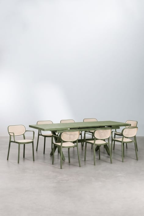 Set de table rectangulaire extensible 180-240x90 cm en aluminium Karena et 8 chaises de jardin empilables avec accoudoirs Omara - Vert Olive Intense