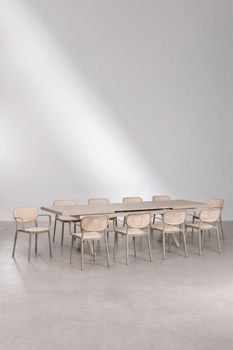 Set de table rectangulaire extensible 240-300x100 cm Karena et 10 chaises de jardin empilables avec accoudoirs Omara - Moka Brown