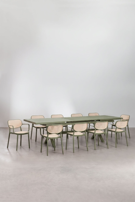 Set de table rectangulaire extensible 240-300x100 cm Karena et 10 chaises de jardin empilables avec accoudoirs Omara - Vert Olive Intense