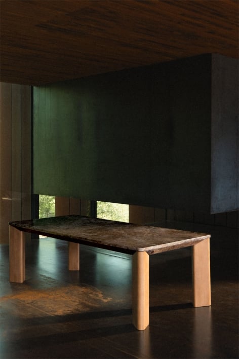 Table à manger rectangulaire 240x110 cm en bois de manguier et marbre Garsea - Marbre brun Emperador - Mango Wood