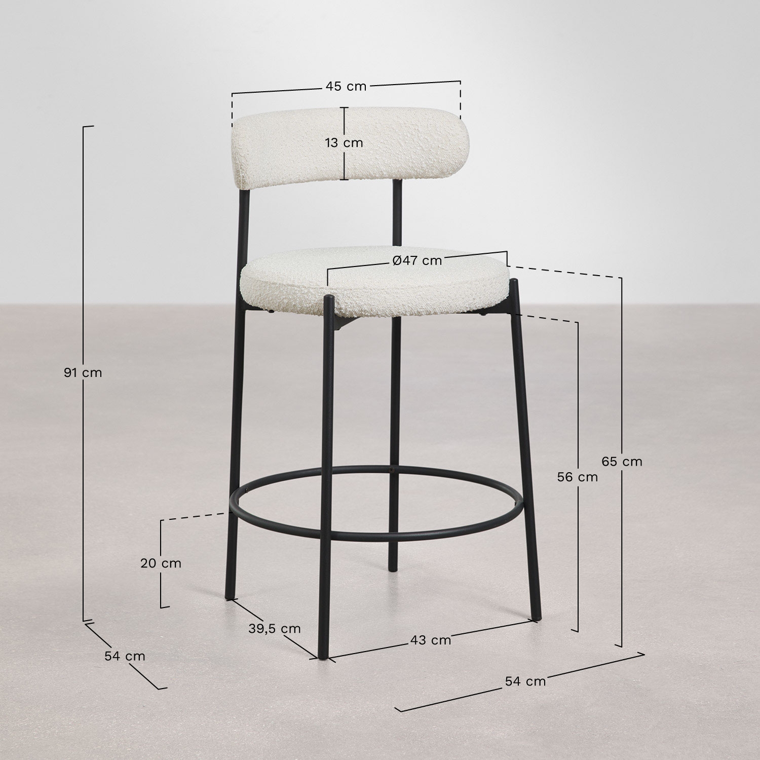 Pack de 2 tabourets hauts avec dossier en tissu bouclé Brim, mesures