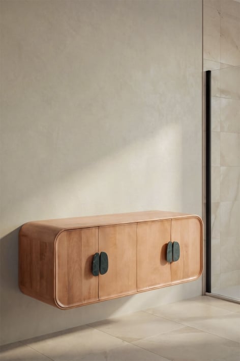 Ensemble meuble de salle de bain double suspendu 130x45 cm en bois de manguier et pierre naturelle Kivalina - Marbre vert Udaipur - Bois de manguier