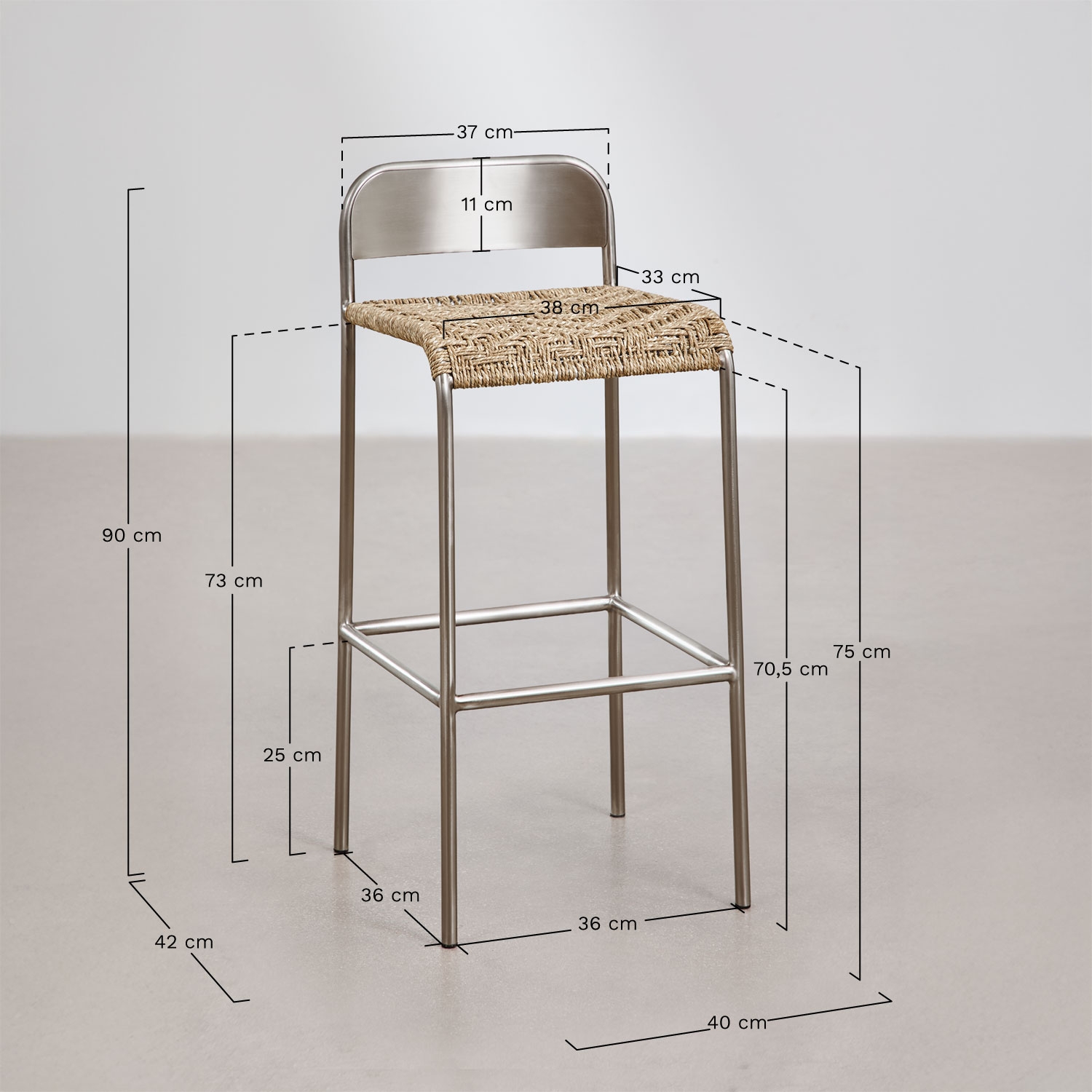 Tabouret haut en acier inoxydable Narnial, mesures