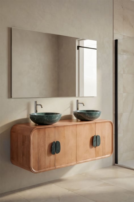 Ensemble meuble de salle de bain double suspendu 130x45 cm en bois de manguier et pierre naturelle Kivalina - Marbre vert Udaipur - Bois de manguier