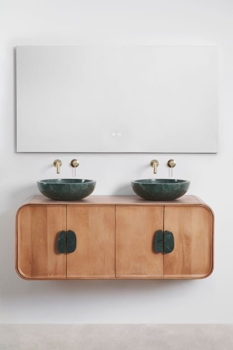 Ensemble meuble de salle de bain double suspendu 130x45 cm en bois de manguier et pierre naturelle Kivalina - Marbre vert Udaipur - Bois de manguier