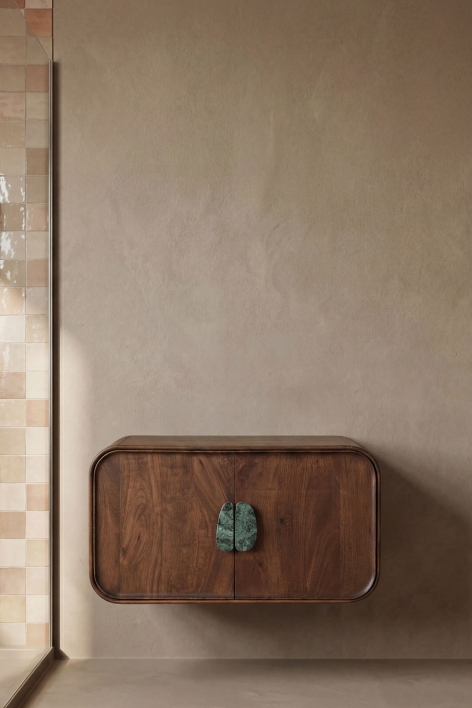 Ensemble meuble de salle de bain suspendu 95x45 cm en bois de manguier et pierre naturelle Kivalina