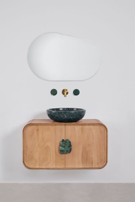 Ensemble meuble de salle de bain suspendu 95x45 cm en bois de manguier et pierre naturelle Kivalina - Marbre vert Udaipur - Bois de manguier