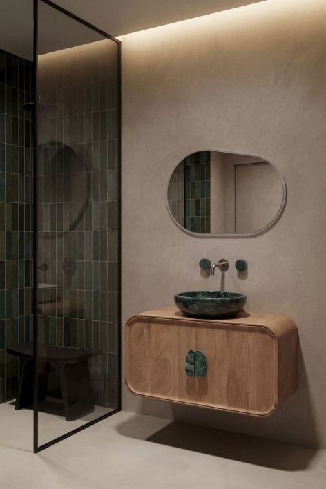 Ensemble meuble de salle de bain suspendu 95x45 cm en bois de manguier et pierre naturelle Kivalina - Marbre vert Udaipur - Bois de manguier