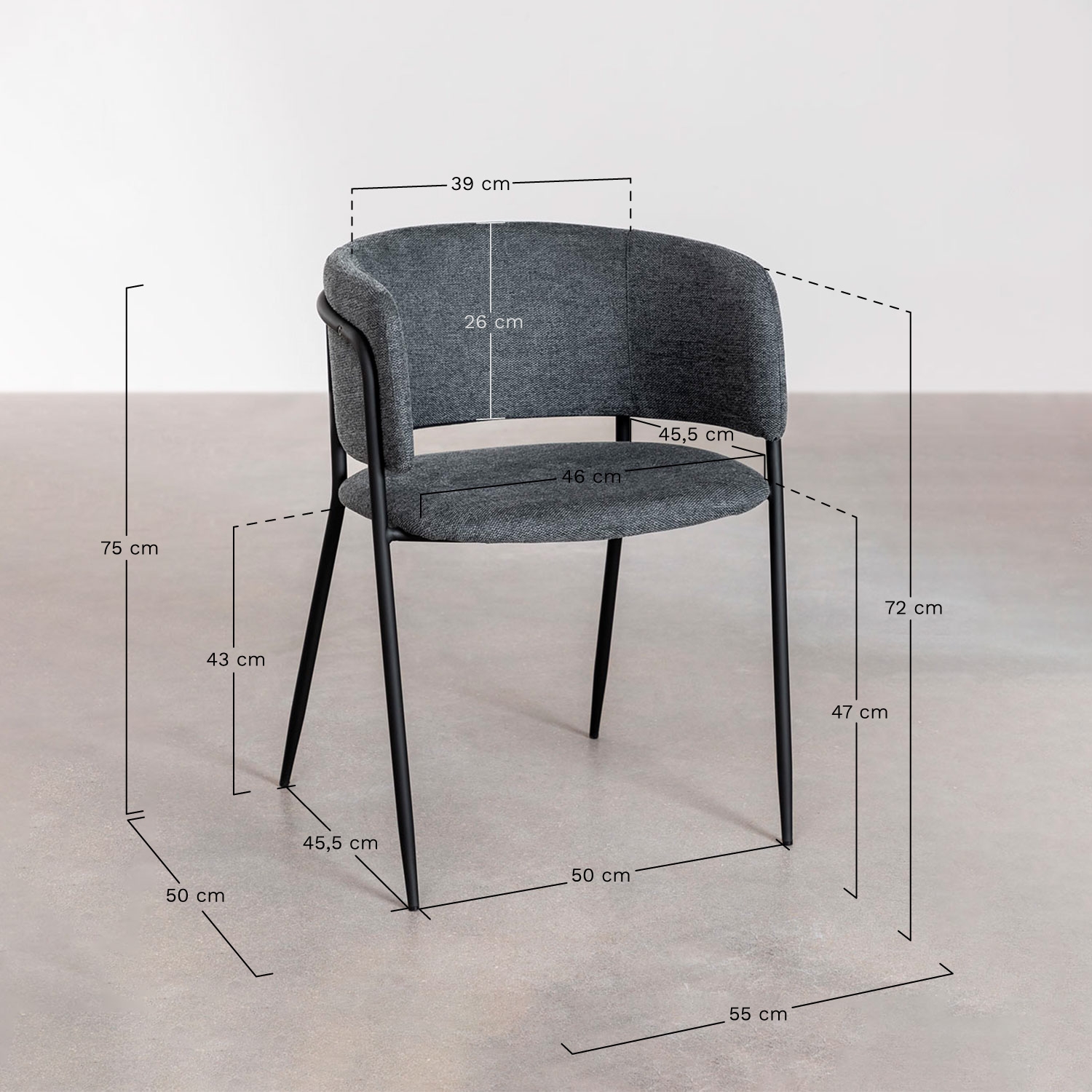 Pack de 4 chaises de salle à manger avec accoudoirs rembourrées Nalon, mesures
