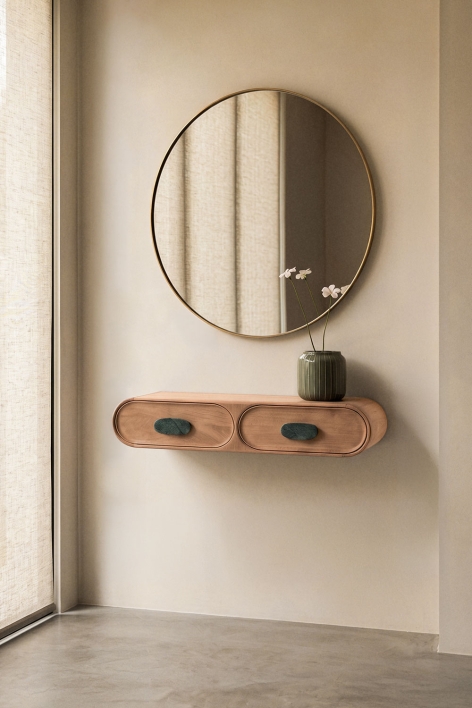 Console d'entrée murale 100x40 cm en bois de manguier et pierre naturelle Kivalina - Marbre vert Udaipur - Bois de manguier