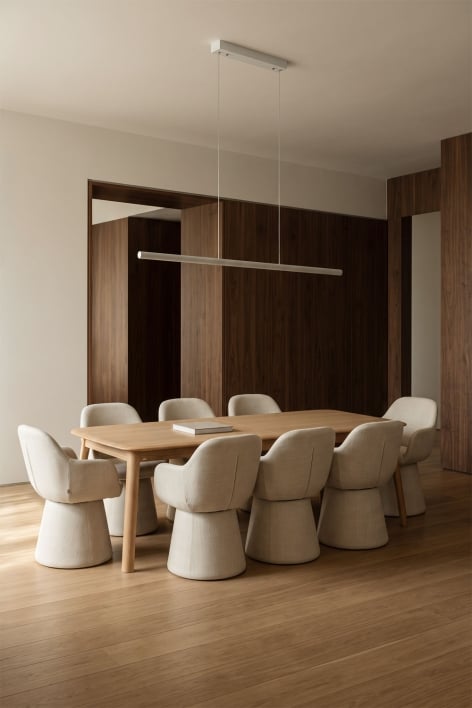 Set de table extensible 220-320x95 cm en bois de chêne Treveris et 8 chaises de salle à manger avec accoudoirs en tissu Erica