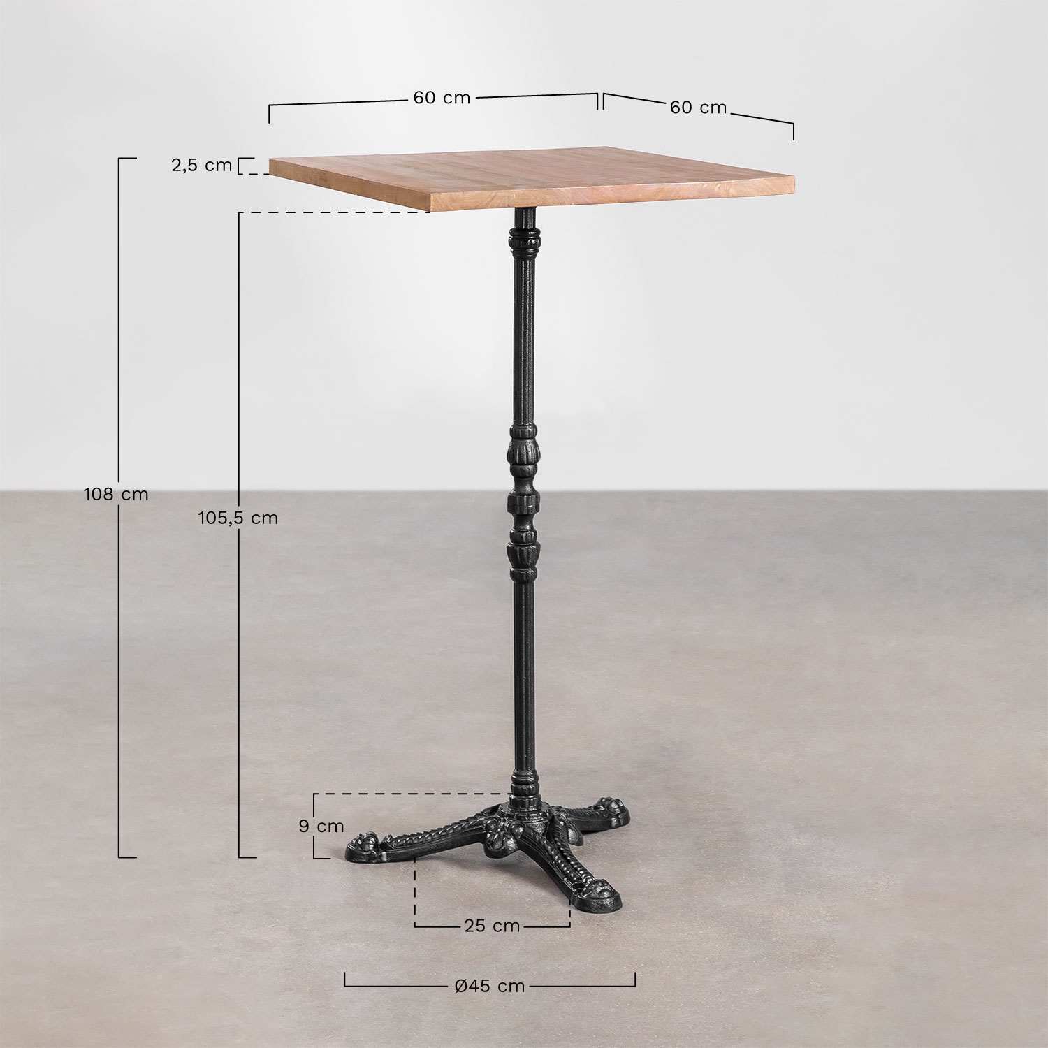 Table haute de bar carrée en bois d'acacia Azteca, mesures