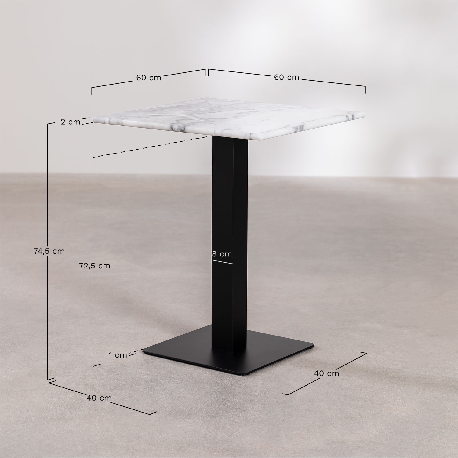 Table de bar carrée en marbre Livanto, mesures