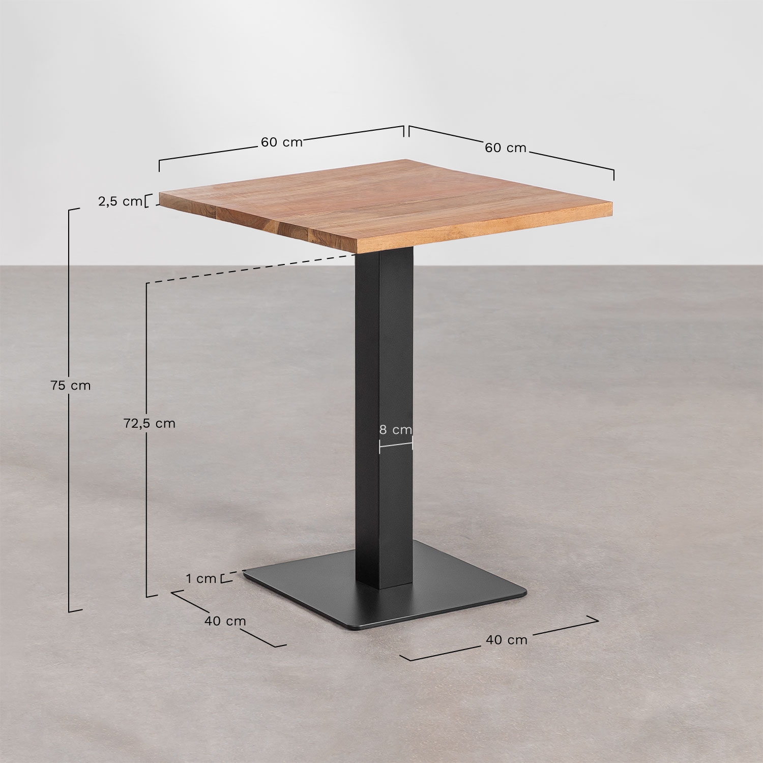 Table de bar carrée en bois d'acacia Livanto, mesures