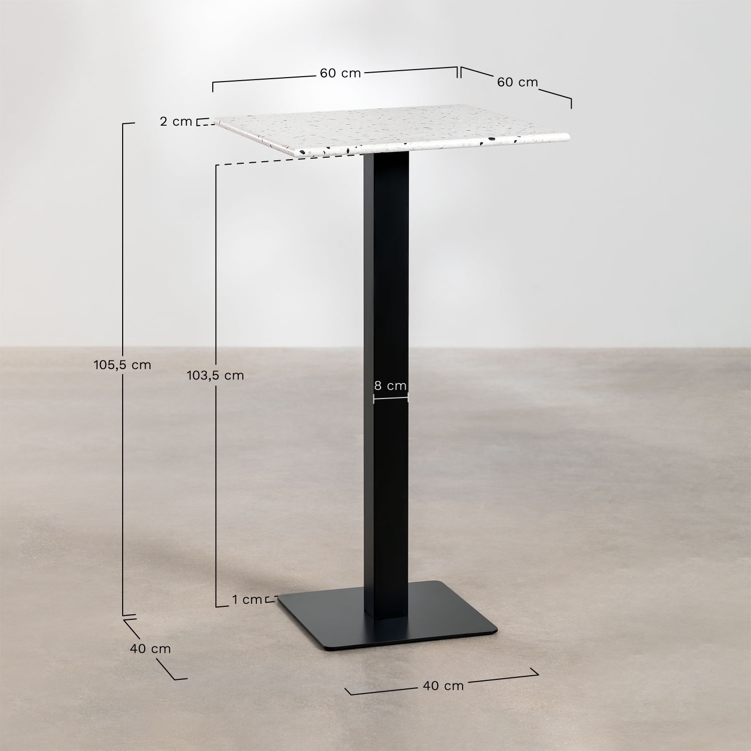 Table haute de bar carrée 60x60 cm en terrazzo Praline, mesures