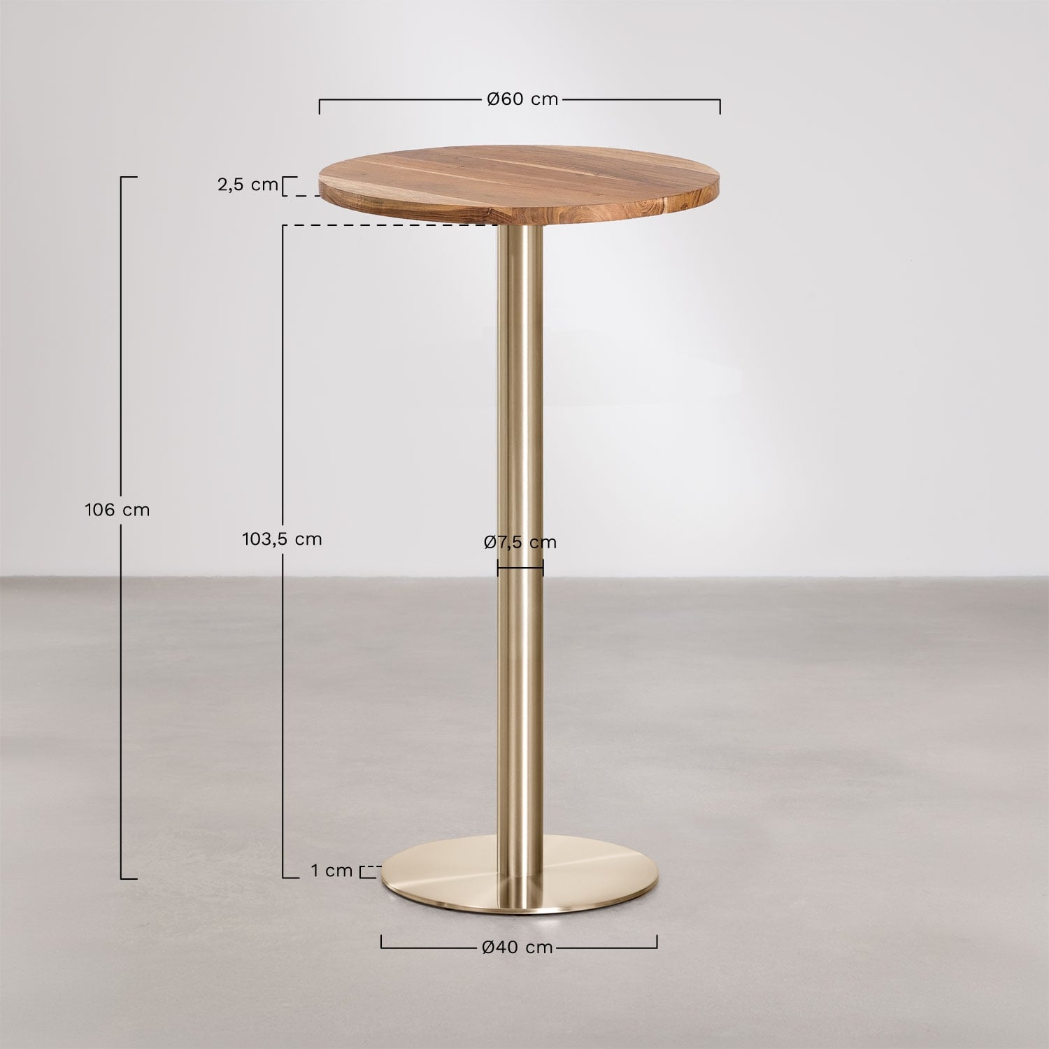 Table haute de bar ronde Ø60 cm en bois d'acacia Xiren, mesures